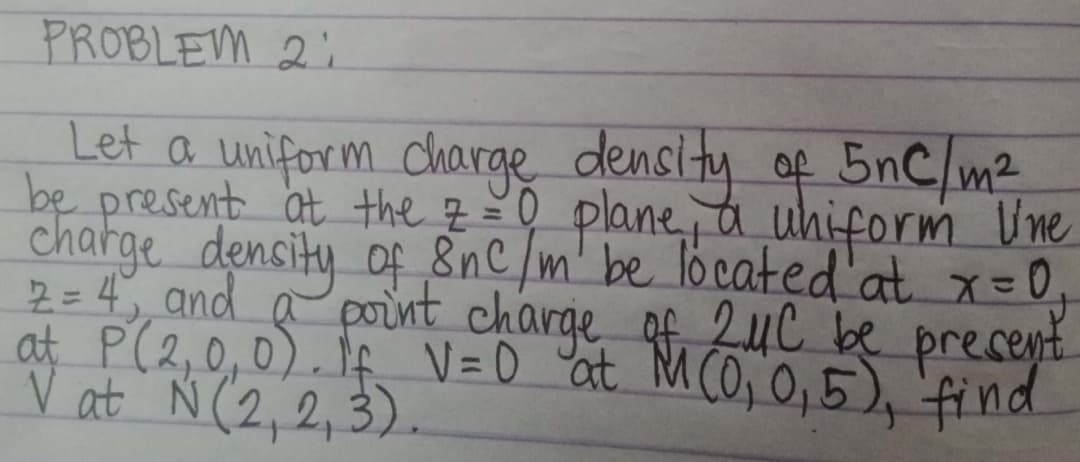 PROBLEM 21
Let a uniform charge density of 5nC/m²
be present at the 2 = 0 plane, a uniform line
charge density of 8nc/m' be located at x = 0,
2 = 4, and a point charge of 2MC be present
at P (2,0,0). If V=0 at M (0₁0₁5), find
Vật N(2,2,3).