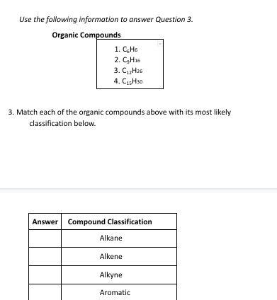 Use the following information to answer Question 3.
Organic Compounds
1. C₂H6
2. C₂H16
3. C₁₂H26
4. C₁H30
3. Match each of the organic compounds above with its most likely
classification below.
Answer Compound Classification
Alkane
Alkene
Alkyne
Aromatic