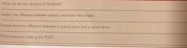 What are the four divisions of the brain?
Explain the difference between sensory and motor nerve fibers.
Explain the basic difference between a cranial nerve and a spinal nerve.
"What structures make up the PNS2