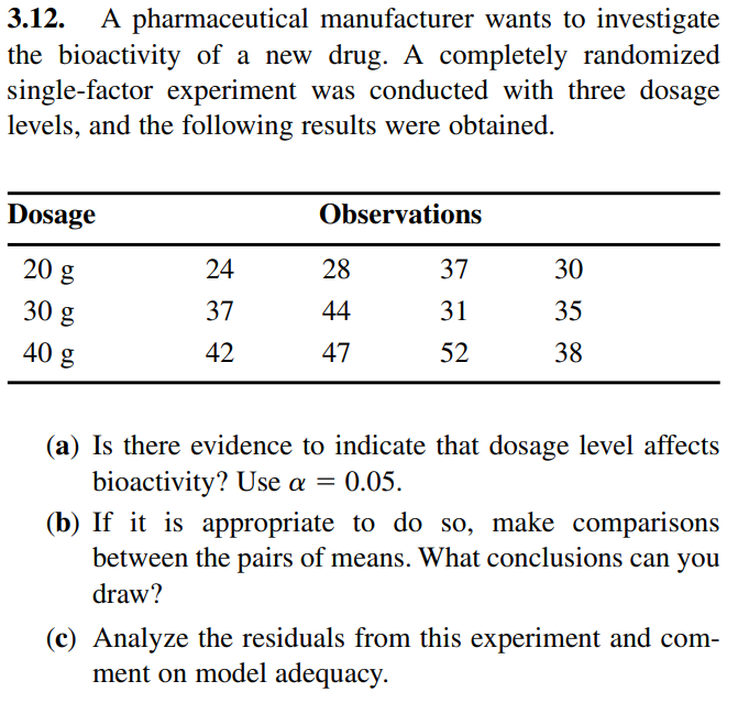 3.12. A pharmaceutical manufacturer wants to investigate
the bioactivity of a new drug. A completely randomized
single-factor experiment was conducted with three dosage
levels, and the following results were obtained.
Dosage
20 g
30 g
40 g
24
37
42
Observations
28
44
47
37
31
52
30
35
38
(a) Is there evidence to indicate that dosage level affects
bioactivity? Use a = 0.05.
(b) If it is appropriate to do so, make comparisons
between the pairs of means. What conclusions can you
draw?
(c) Analyze the residuals from this experiment and com-
ment on model adequacy.