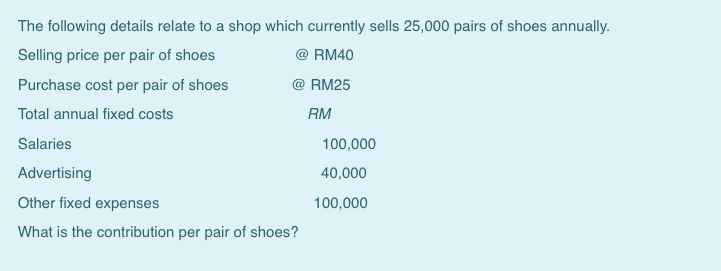 The following details relate to a shop which currently sells 25,000 pairs of shoes annually.
Selling price per pair of shoes
@ RM40
Purchase cost per pair of shoes
RM25
Total annual fixed costs
RM
Salaries
100,000
Advertising
40,000
Other fixed expenses
100,000
What is the contribution per pair of shoes?

