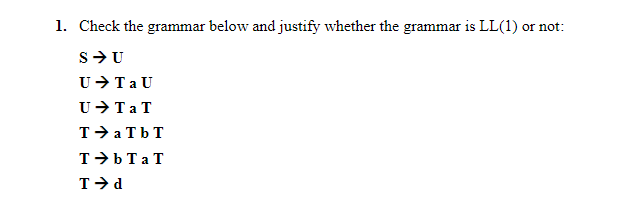 1. Check the grammar below and justify whether the grammar is LL(1) or not:
U+TaU
T- a TbT
T>bTaT
T-d
