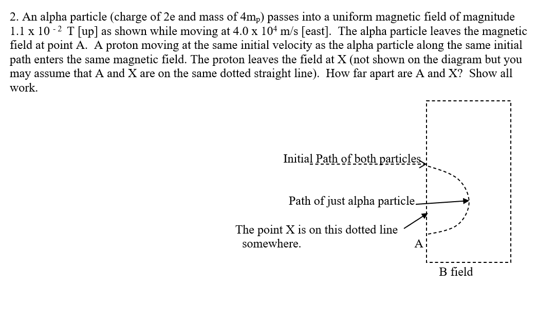 2. An alpha particle (charge of 2e and mass of 4m,) passes into a uniform magnetic field of magnitude
1.1 x 10 -2 T[up] as shown while moving at 4.0 x 104 m/s [east]. The alpha particle leaves the magnetic
field at point A. A proton moving at the same initial velocity as the alpha particle along the same initial
path enters the same magnetic field. The proton leaves the field at X (not shown on the diagram but you
may assume that A and X are on the same dotted straight line). How far apart are A and X? Show all
work.
Initial Path of both particles
Path of just alpha particle.
The point X is on this dotted line
somewhere.
A!
B field
