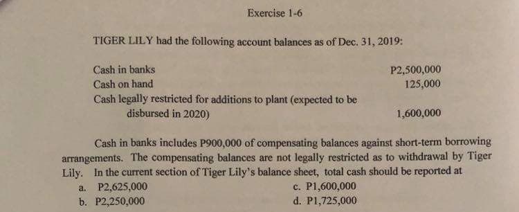 Exercise 1-6
TIGER LILY had the following account balances as of Dec. 31, 2019:
P2,500,000
125,000
Cash in banks
Cash on hand
Cash legally restricted for additions to plant (expected to be
disbursed in 2020)
1,600,000
Cash in banks includes P900,000 of compensating balances against short-term borrowing
arrangements. The compensating balances are not legally restricted as to withdrawal by Tiger
Lily. In the current section of Tiger Lily's balance sheet, total cash should be reported at
a. P2,625,000
b. P2,250,000
c. P1,600,000
d. P1,725,000
