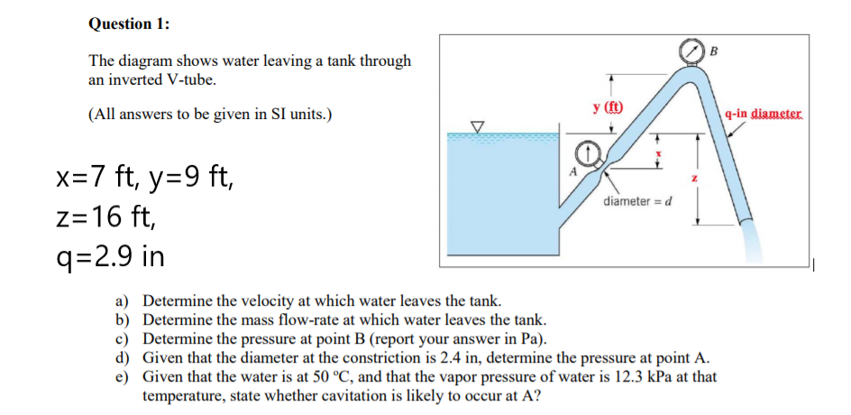 Question 1:
B
The diagram shows water leaving a tank through
an inverted V-tube.
(All answers to be given in SI units.)
y (ft)
| q-in diameter
x=7 ft, y=9 ft,
z=16 ft,
diameter = d
q=2.9 in
a) Determine the velocity at which water leaves the tank.
b) Determine the mass flow-rate at which water leaves the tank.
c) Determine the pressure at point B (report your answer in Pa).
d) Given that the diameter at the constriction is 2.4 in, determine the pressure at point A.
e) Given that the water is at 50 °C, and that the vapor pressure of water is 12.3 kPa at that
temperature, state whether cavitation is likely to occur at A?
