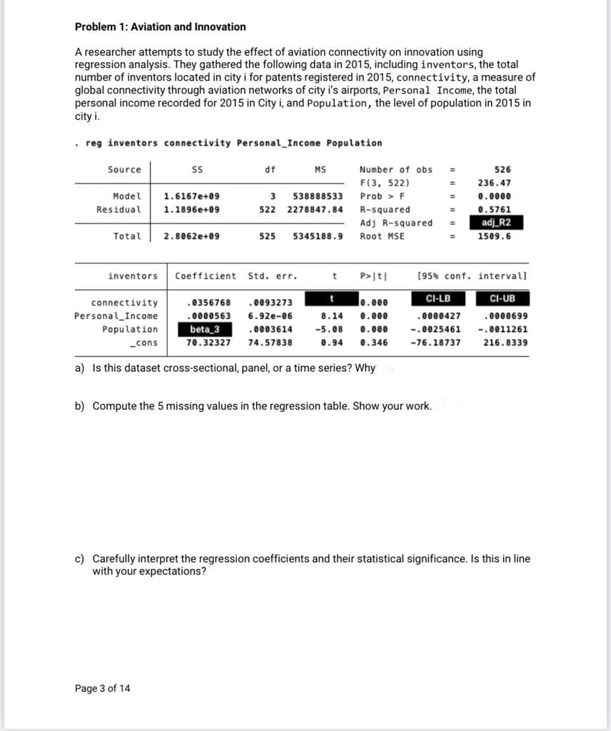 Problem 1: Aviation and Innovation
A researcher attempts to study the effect of aviation connectivity on innovation using
regression analysis. They gathered the following data in 2015, including inventors, the total
number of inventors located in city i for patents registered in 2015, connectivity, a measure of
global connectivity through aviation networks of city i's airports, Personal Income, the total
personal income recorded for 2015 in City i, and Population, the level of population in 2015 in
city i.
. reg inventors connectivity Personal Income Population
Source
df
MS
Number of obs
526
F(3, 522)
236.47
Model
1.6167e+09
3
538888533
Prob > F
0.0000
Residual
1.1896e+09
522 2278847.84
R-squared
0.5761
Adj R-squared
adj_R2
%3D
Total
2.8062e+09
525
5345188.9
Root MSE
1509.6
%3D
inventors Coefficient Std. err.
t
P>|t|
[95% conf. interval]
t
CI-LB
CI-UB
connectivity
0356768
.0093273
le.e00
Personal_Income
0000563
6.92e-06
8.14
0.000
.0000427
.0000699
beta_3
70.32327
Population
.0003614
-5.08
0.000
-.0025461
-.0011261
_cons
74.57838
0.94
0.346
-76.18737
216.8339
a) Is this dataset cross-sectional, panel, or a time series? Why
b) Compute the 5 missing values in the regression table. Show your work.
c) Carefully interpret the regression coefficients and their statistical significance. Is this in line
with your expectations?
Page 3 of 14
