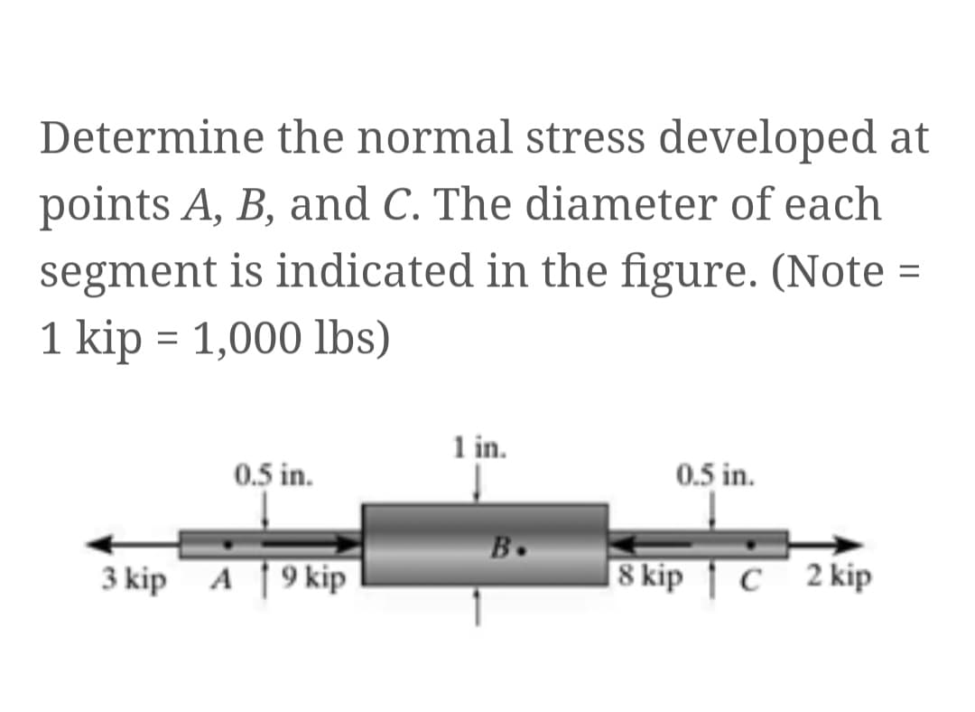 Determine the normal stress developed at
points A, B, and C. The diameter of each
segment is indicated in the figure. (Note =
1 kip = 1,000 lbs)
1 in.
0.5 in.
0.5 in.
B.
3 kip A |9 kip
|8 kip | c 2 kip

