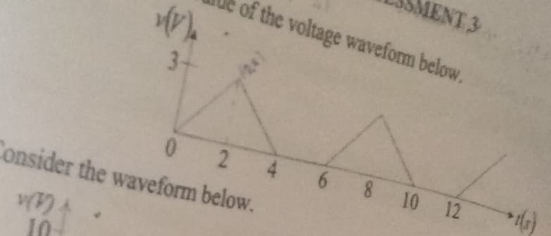 MENT 3
of the voltage waveform below.
3-
0 2
6 8 10 12
Consider the waveform below.
4.
