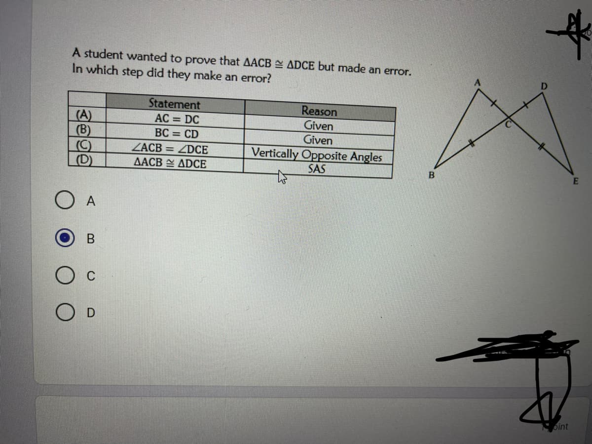 A student wanted to prove that AACB E ADCE but made an error.
In which step did they make an error?
Statement
Reason
Given
Given
(A)
(B)
(C)
(D)
AC = DC
BC = CD
ZACB = ZDCE
Vertically Opposite Angles
AACB ADCE
SAS
A
oint
