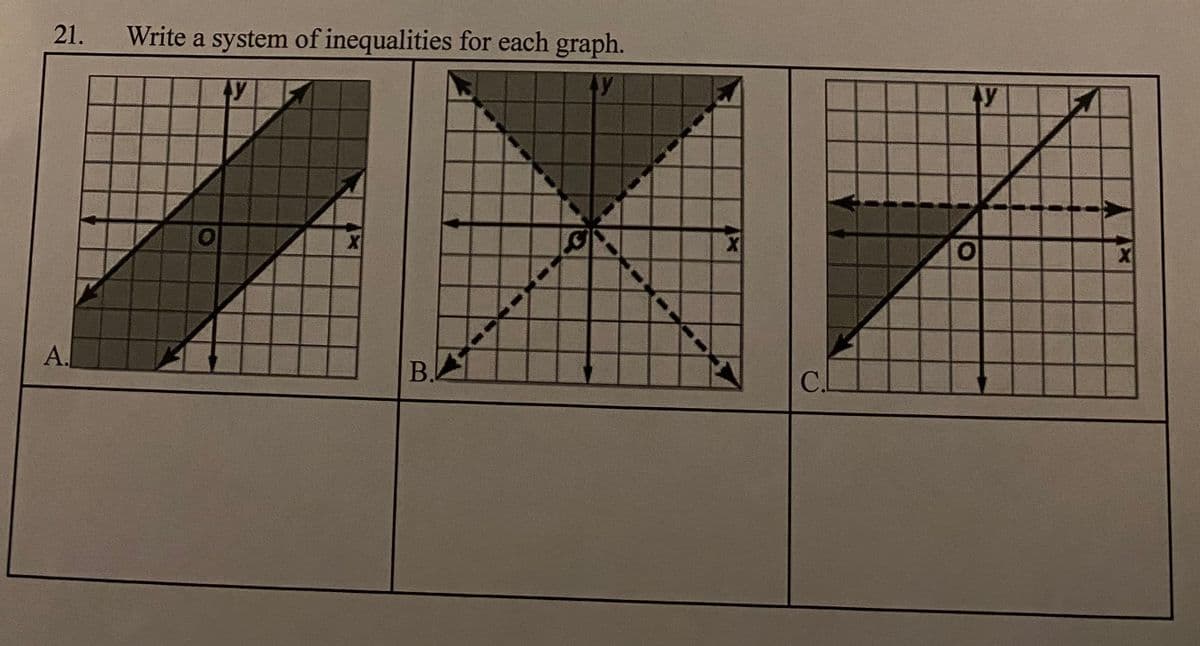 Write a system of inequalities for each graph.
y
21.
A.
B.
