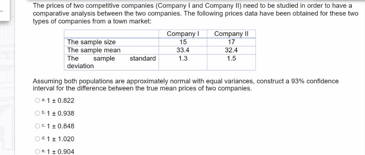 The prices of two competitive companies (Company I and Company II) need to be studied in order to have a
comparative analysis between the two companies. The following prices data have been obtained for these two
types of companies from a town market:
Company I
15
Company II
17
The sample size
The sample mean
sample
33.4
32.4
The
standard
1.3
1.5
deviation
Assuming both populations are approximately normal with equal variances, construct a 93% confidence
interval for the difference between the true mean prices of two companies.
O a. 1 + 0.822
O b. 1 + 0.938
O C. 1 + 0.848
O d. 1 ± 1.020
O e. 1 + 0.904
