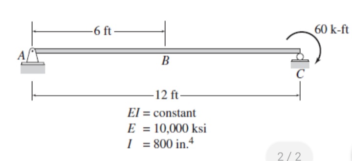 -6 ft -
60 k-ft
В
-12 ft-
El = constant
E
10,000 ksi
%3D
I = 800 in.4
%3D
2/2
