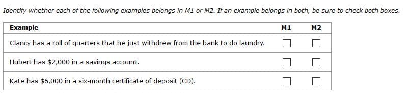 Identify whether each of the following examples belongs in M1 or M2. If an example belongs in both, be sure to check both boxes.
Example
M1
M2
Clancy has a roll of quarters that he just withdrew from the bank to do laundry.
Hubert has $2,000 in a savings account.
Kate has $6,000 in a six-month certificate of deposit (CD).
