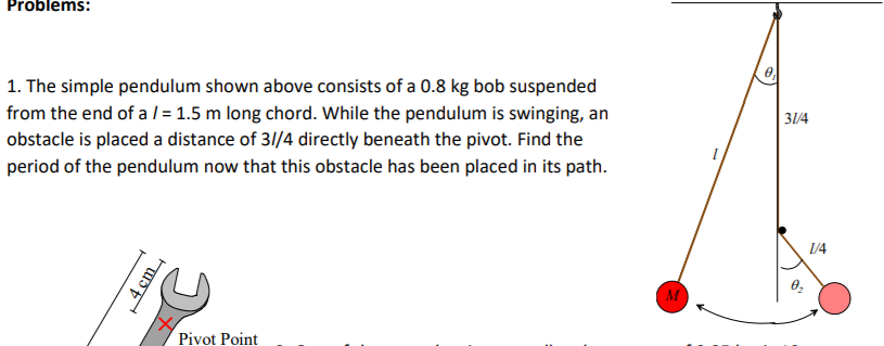 Problems:
1. The simple pendulum shown above consists of a 0.8 kg bob suspended
from the end of a = 1.5 m long chord. While the pendulum is swinging, an
obstacle is placed a distance of 31/4 directly beneath the pivot. Find the
period of the pendulum now that this obstacle has been placed in its path.
31/4
1/4
(м
Pivot Point
4 cm
