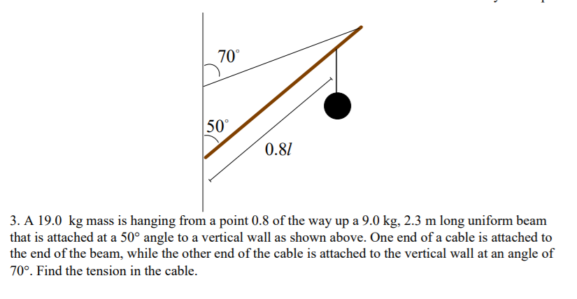 70°
50°
0.81
3. A 19.0 kg mass is hanging from a point 0.8 of the way up a 9.0 kg, 2.3 m long uniform beam
that is attached at a 50° angle to a vertical wall as shown above. One end of a cable is attached to
the end of the beam, while the other end of the cable is attached to the vertical wall at an angle of
70°. Find the tension in the cable.

