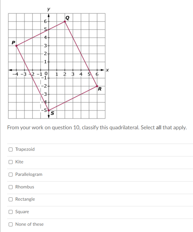 y
le
6-
4.
P
3.
-2-
1.
-4 -3 2 -1 0
i 2 3 4 5 6
-1-
R
-3-
From your work on question 10, classify this quadrilateral. Select all that apply.
Trapezoid
O Kite
O Parallelogram
O Rhombus
O Rectangle
O Square
O None of these
2.

