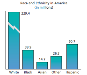 Race and Ethnicity in America
(in millions)
|229.4
50.7
38.9
26.3
14.7
White
Black Asian Other Hispanic
