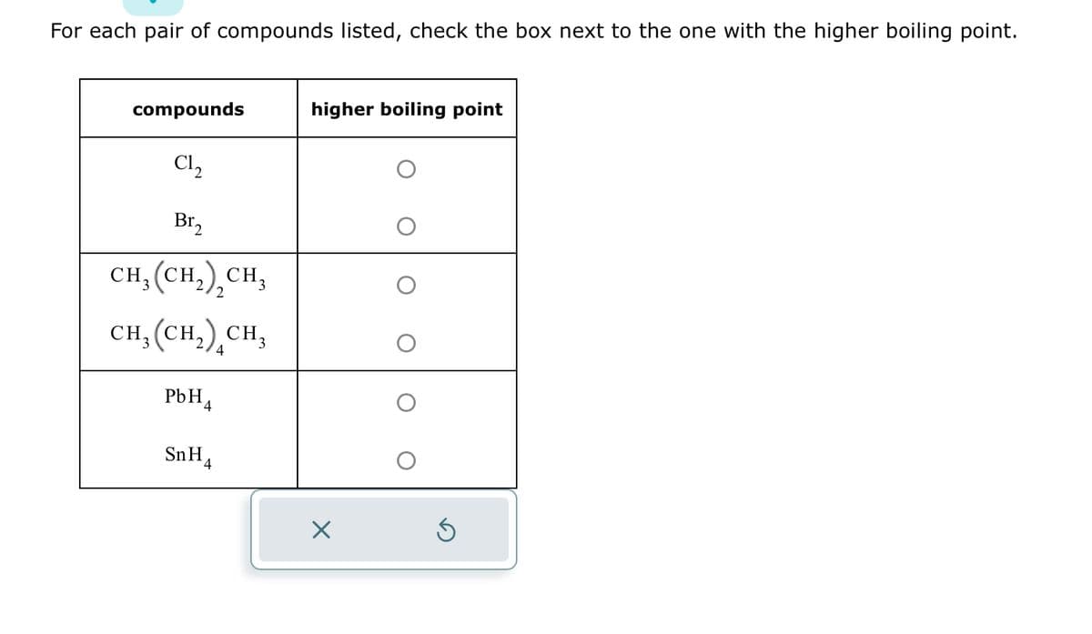 For each pair of compounds listed, check the box next to the one with the higher boiling point.
compounds
Cl₂
Br2
CH₂(CH₂) CH₂
2
CH₂ (CH₂) CH₂
4
PbH4
SnH
higher boiling point
X