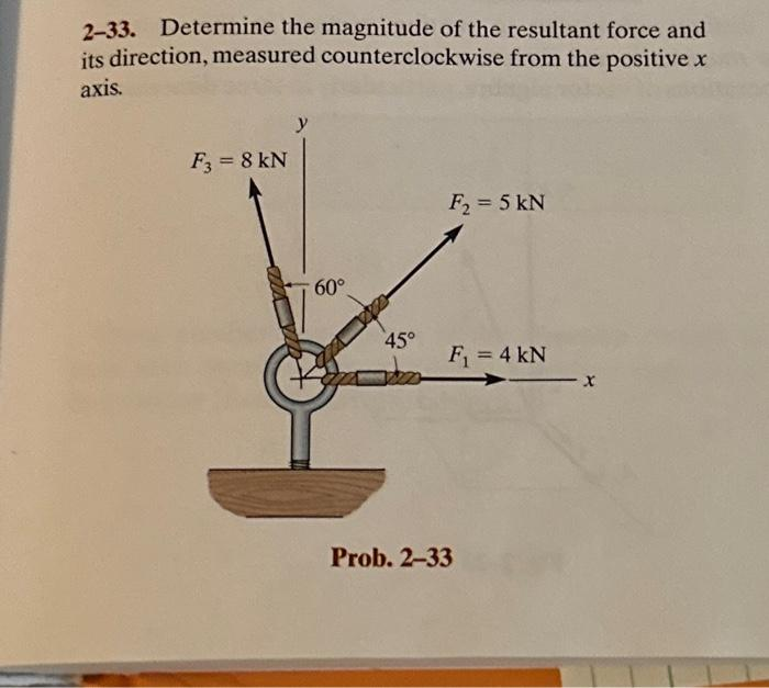 2-33. Determine the magnitude of the resultant force and
its direction, measured counterclockwise from the positive x
axis.
F3 = 8 KN
y
60°
45°
F₂ = 5 kN
F₁ = 4 kN
Prob. 2-33
-X