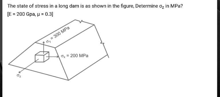 The state of stress in a long dam is as shown in the figure, Determine oz in MPa?
[E = 200 Gpa, u = 0.3]
o, = 300 MPa
Oy
O = 200 MPa
