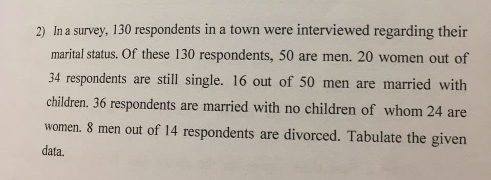 2) In a survey, 130 respondents in a town were interviewed regarding their
marital status. Of these 130 respondents, 50 are men. 20 women out of
34 respondents are still single. 16 out of 50 men are married with
children. 36 respondents are married with no children of whom 24 are
women. 8 men out of 14 respondents are divorced. Tabulate the given
data.
