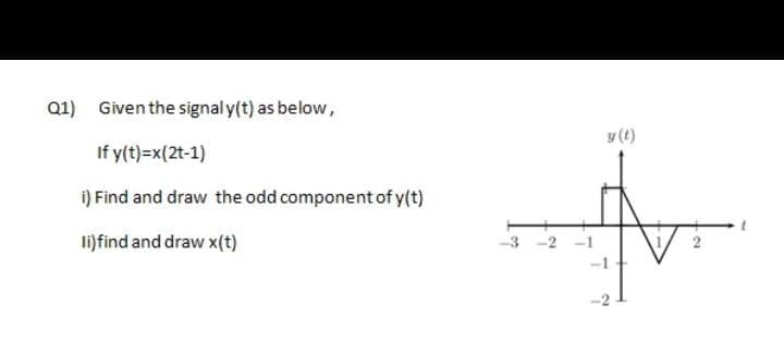 Q1) Given the signal y(t) as below,
If y(t)=x(2t-1)
i) Find and draw the odd component of y(t)
li)find and draw x(t)
y (t)
-2
2