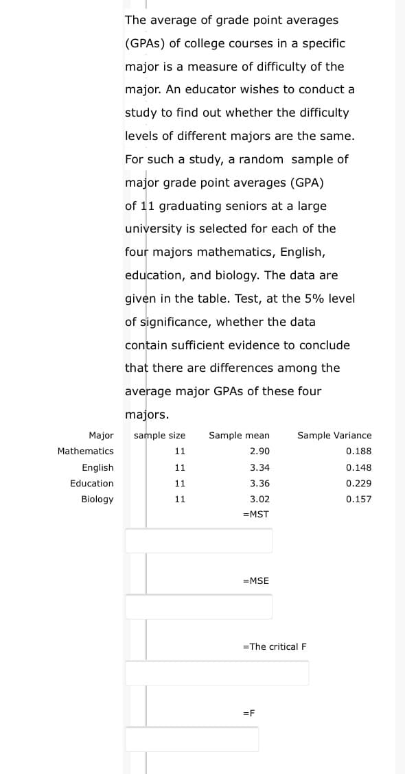 The average of grade point averages
(GPAS) of college courses in a specific
major is a measure of difficulty of the
major. An educator wishes to conduct a
study to find out whether the difficulty
levels of different majors are the same.
For such a study, a random sample of
major grade point averages (GPA)
of 11 graduating seniors at a large
university is selected for each of the
four majors mathematics, English,
education, and biology. The data are
given in the table. Test, at the 5% level
of significance, whether the data
contain sufficient evidence to conclude
that there are differences among the
average major GPAS of these four
majors.
Major
sample size
Sample mean
Sample Variance
Mathematics
11
2.90
0.188
English
11
3.34
0.148
Education
11
3.36
0.229
Biology
11
3.02
0.157
=MST
=MSE
=The critical F
=F

