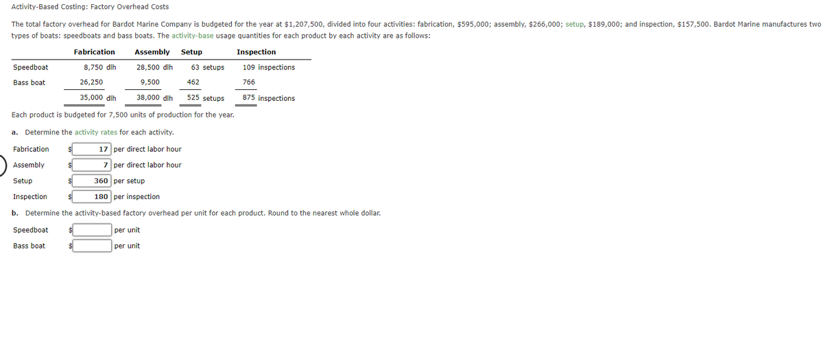 Activity-Based Costing: Factory Overhead Costs
The total factory overhead for Bardot Marine Company is budgeted for the year at $1,207,500, divided into four activities: fabrication, $595,000; assembly, $266,000; setup, $189,000; and inspection, $157,500. Bardot Marine manufactures two
types of boats: speedboats and bass boats. The activity-base usage quantities for each product by each activity are as follows:
Inspection
Speedboat
Bass boat
Fabrication
Assembly
462
525 setups
Each product is budgeted for 7,500 units of production for the year.
a. Determine the activity rates for each activity.
17 per direct labor hour
7 per direct labor hour
Setup
Inspection
Fabrication
8,750 dlh
$
$
Speedboat
Bass boat
Assembly Setup
28,500 dlh
9,500
38,000 dlh
26,250
35,000 dlh
63 setups
360 per setup
180 per inspection
b. Determine the activity-based factory overhead per unit for each product. Round to the nearest whole dollar.
$
per unit
$
per unit
109 inspections
766
875 inspections