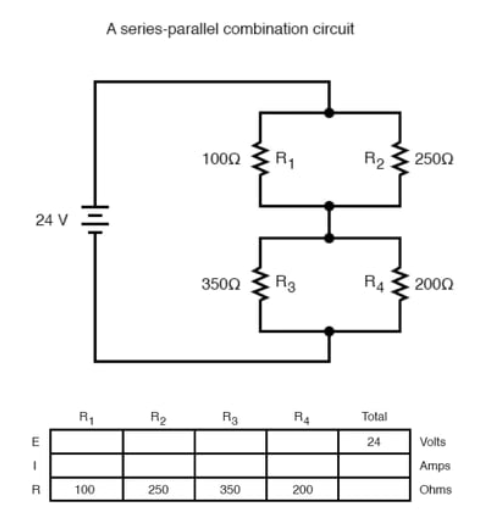 A series-parallel combination circuit
1002
R1
R2
2500
24 V
3500
R3
R4
2002
R1
R2
R4
Total
24
Volts
Amps
%3D
100
250
350
200
Ohms
