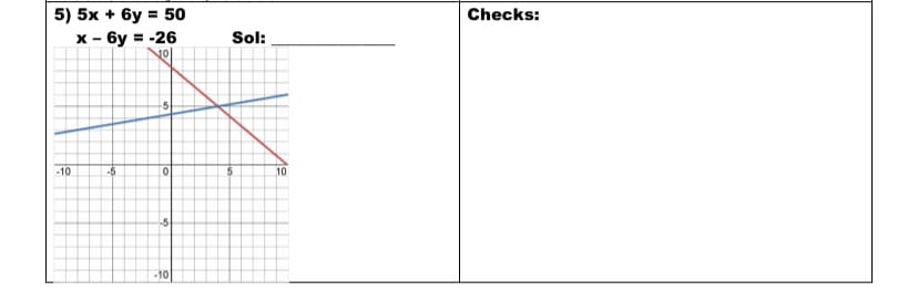 5) 5x + 6y = 50
Checks:
x - 6y = -26
10
Sol:
%3D
-10
-5
10
-10
