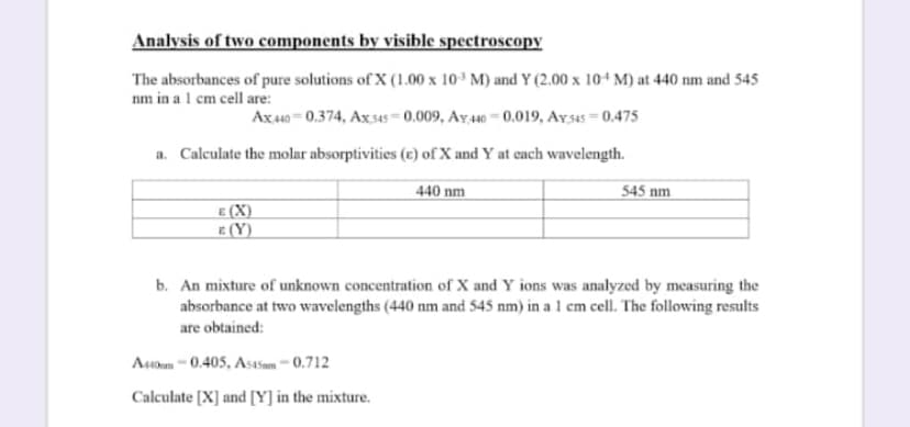 Analysis of two components by visible spectroscopy
The absorbances of pure solutions of X (1.00 x 10³ M) and Y (2.00 x 10+ M) at 440 nm and 545
nm in a 1 cm cell are:
Ax 40 = 0.374, Ax545= 0.009, Ay,40 = 0.019, Ay,545 = 0,475
a. Calculate the molar absorptivities (e) of X and Y at each wavelength.
440 nm
545 nm
E (X)
E (Y)
b. An mixture of unknown concentration of X and Y ions was analyzed by measuring the
absorbance at two wavelengths (440 nm and 545 nm) in a 1 cm cell. The following results
are obtained:
Auoam - 0.405, As45mm - 0.712
Calculate [X] and [Y] in the mixture.
