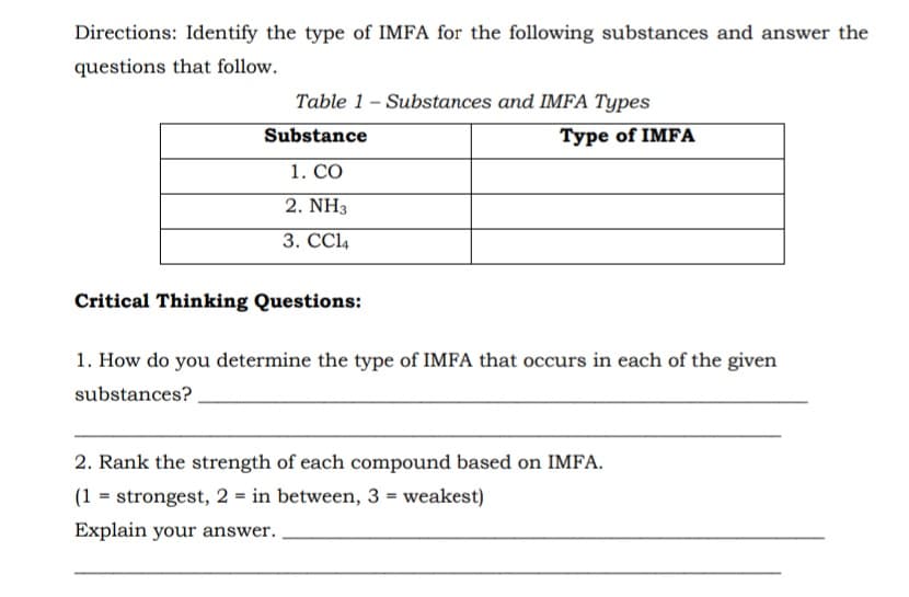 Directions: Identify the type of IMFA for the following substances and answer the
questions that follow.
Table 1 - Substances and IMFA Types
Substance
Type of IMFA
1. CO
2. NH3
3. CC14
Critical Thinking Questions:
1. How do you determine the type of IMFA that occurs in each of the given
substances?
2. Rank the strength of each compound based on IMFA.
(1 = strongest, 2 = in between, 3 = weakest)
Explain your answer.
