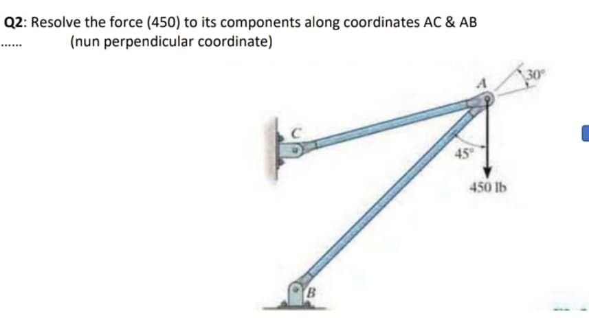 Q2: Resolve the force (450) to its components along coordinates AC & AB
(nun perpendicular coordinate)
30
45
450 lb
B
