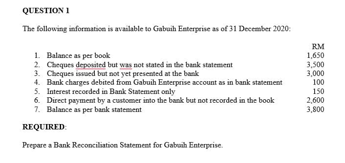 QUESTION 1
The following information is available to Gabuih Enterprise as of 31 December 2020:
RM
1. Balance as per book
2. Cheques deposited but was not stated in the bank statement
3. Cheques issued but not yet presented at the bank
4. Bank charges debited from Gabuih Enterprise account as in bank statement
5. Interest recorded in Bank Statement only
6. Direct payment by a customer into the bank but not recorded in the book
7. Balance as per bank statement
1,650
3,500
3,000
100
150
2,600
3,800
REQUIRED:
Prepare a Bank Reconciliation Statement for Gabuih Enterprise.
