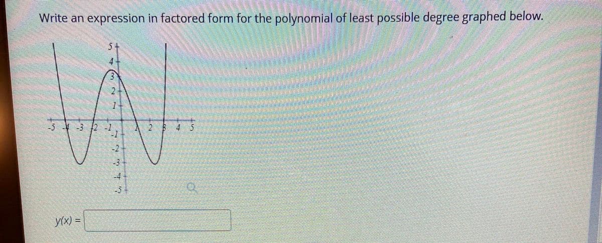 Write an expression in factored form for the polynomial of least possible degree graphed below.
5+
4.
-3 2
2B 4 5
-2
-3
-4
-5
y(x) =
