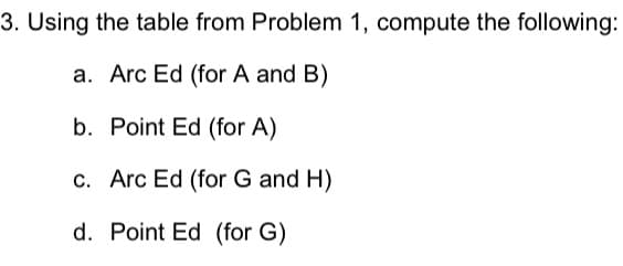 3. Using the table from Problem 1, compute the following:
a. Arc Ed (for A and B)
b. Point Ed (for A)
c. Arc Ed (for G and H)
d. Point Ed (for G)

