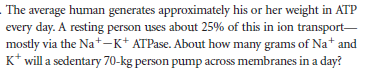 . The average human generates approximately his or her weight in ATP
every day. A resting person uses about 25% of this in ion transport-
mostly via the Na+-K* ATPase. About how many grams of Na+ and
K* will a sedentary 70-kg person pump across membranes in a day?
