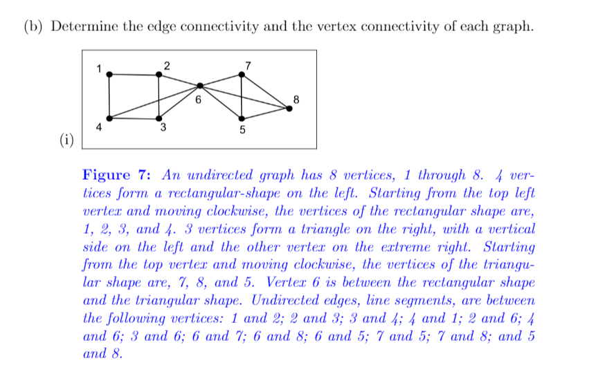 (b) Determine the edge connectivity and the vertex connectivity of each graph.
1
2
7
8
4
3
(i)
Figure 7: An undirected graph has 8 vertices, 1 through 8. 4 ver-
tices form a rectangular-shape on the left. Starting from the top left
vertex and moving clockwise, the vertices of the rectangular shape are,
1, 2, 3, and . 3 vertices form a triangle on the right, with a vertical
side on the left and the other verter on the extreme right. Starting
from the top verter and moving clockwise, the vertices of the triangu-
lar shape are, 7, 8, and 5. Vertex 6 is between the rectangular shape
and the triangular shape. Undirected edges, line segments, are between
the following vertices: 1 and 2; 2 and 3; 3 and 4; 4 and 1; 2 and 6; 4
аnd 6; 3 and 6; 6 аnd 7; 6 аnd 8; 6 and 5; 7 and 5; 7 and 8; and 5
and 8.
