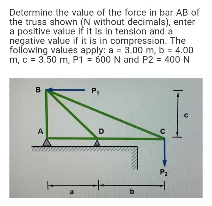 Determine the value of the force in bar AB of
the truss shown (N without decimals), enter
a positive value if it is in tension and a
negative value if it is in compression. The
following values apply: a = 3.00 m, b = 4.00
m, c = 3.50 m, P1 = 600 N and P2 = 400 N
P1
C
D
C
A
P2
a

