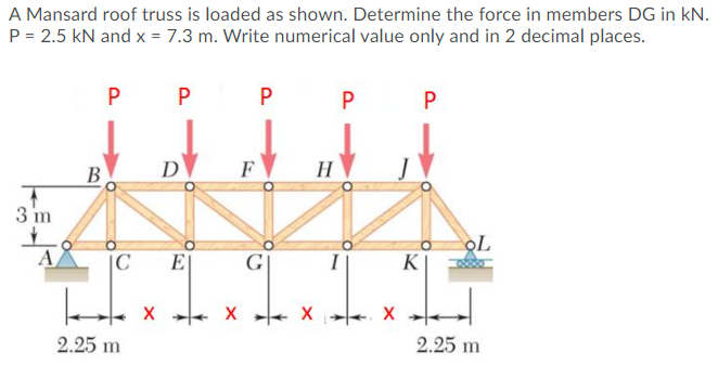 A Mansard roof truss is loaded as shown. Determine the force in members DG in kN.
P = 2.5 kN and x = 7.3 m. Write numerical value only and in 2 decimal places.
P
B
D
F
H
3 m
A
|C
E
G
K
2.25 m
2.25 m
