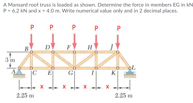 A Mansard roof truss is loaded as shown. Determine the force in members EG in kN
P = 6.2 kN and x = 4.0 m. Write numerical value only and in 2 decimal places.
P
P
P
В
D
F
H
3 m
A
|C
E
G
I
K
2.25 m
2.25 m

