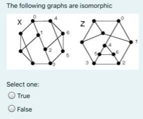 The following graphs are isomorphic
Select one:
OTrue
O False
