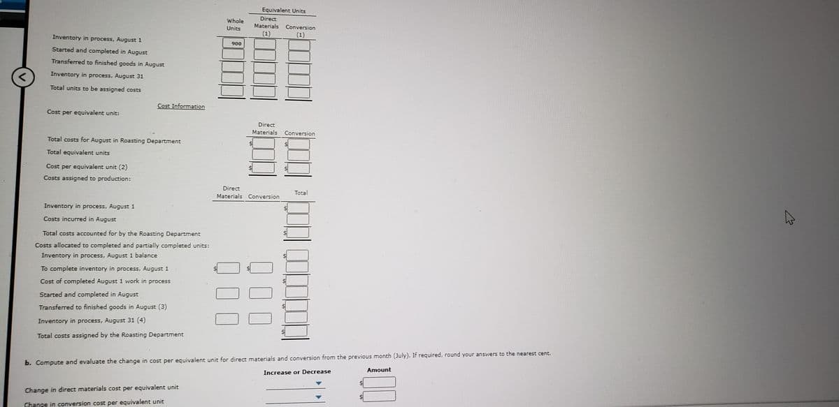 Equivalent Units
Direct
Whole
Materials Conversion
Units
(1)
(1)
Inventory in process, August 1
900
Started and completed in August
Transferred to finished goods in August
Inventory in process, August 31
Total units to be assigned costs
Cost Information
Cost per equivalent unit:
Direct
Materials
Conversion
Total costs for August in Roasting Department
Total equivalent units
Cost per equivalent unit (2)
Costs assigned to production:
Direct
Total
Materials Conversion
Inventory in process, August 1
Costs incurred in August
Total costs accounted for by the Roasting Department
Costs allocated to completed and partially completed units:
Inventory in process, August i balance
To complete inventory in process, August 1
Cost of completed August 1 work in process
Started and completed in August
Transferred to finished goods in August (3)
Inventory in process, August 31 (4)
Total costs assigned by the Roasting Department
b. Compute and evaluate the change in cost per equivalent unit for direct materials and conversion from the previous month (July). If required, round your answers to the nearest cent.
Amount
Increase or Decrease
Change in direct materials cost per equivalent unit
Change in conversion cost per equivalent unit
