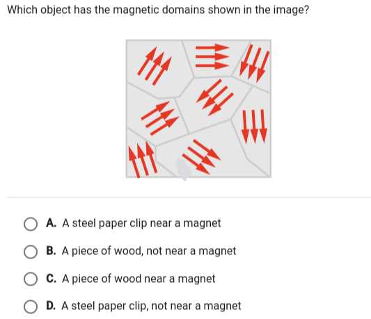 Which object has the magnetic domains shown in the image?
A. A steel paper clip near a magnet
B. A piece of wood, not near a magnet
O C. A piece of wood near a magnet
O D. A steel paper clip, not near a magnet
