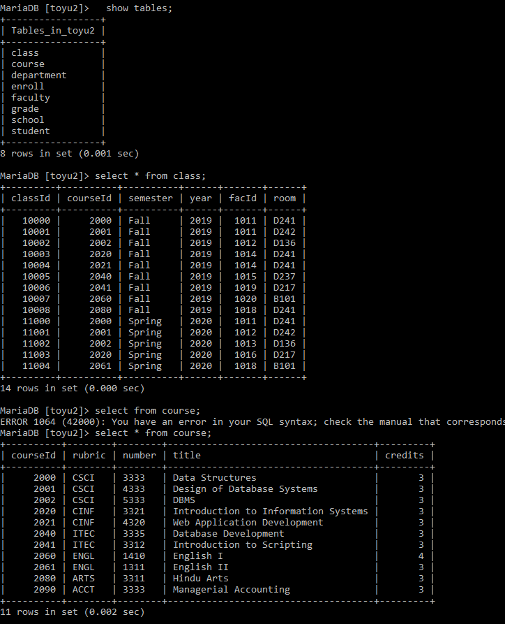 MariaDB [toyu2]> show tables;
| Tables_in_toyu2
class
course
department
enroll
faculty
grade
school
student
8 rows in set (0.001 sec)
MariaDB [toyu2]> select * from class;
| classId | courseId | semester | year | facId
2019
1011
2019
1011
2019
1012
D136
2019
1014
D241
2019
1014
D241
2019
1015 D237
2019
1019
D217
2019
1020
B101
2019
1018
D241
2020
1011
D241
2020
1012
D242
2020 |
1013
D136
2020
1016 | D217 |
2020
1918 | B191 |
10000
10001
10002
10003
10004
10005
10006
10007
10008
11000
11001
11002
11003
11004
2000 Fall
2001
Fall
2002 Fall
2020 Fall
2021 Fall
2040 Fall
2041 Fall
2060 Fall
2080
Fall
2000
Spring
2001 Spring
2002 Spring
2020 | Spring
2061 Spring
14 rows in set (0.000 sec)
MariaDB [toyu2]> select from course;
ERROR 1064 (42000): You have an error in your SQL syntax; check the manual that corresponds
MariaDB [toyu2]> select * from course;
| courseId | rubric | number | title
2000 CSCI
2001 CSCI
2002 CSCI
2020 CINF
2021 CINF
2040 ITEC
2041 ITEC
2060 | ENGL
2061 ENGL
2080
ARTS
2090 ACCT
3333 | Data Structures
4333
5333
3321
4320
3335
3312
1410
1311
3311
3333
| room |
D241 |
D242
11 rows in set (0.002 sec)
Design of Database Systems
| DBMS
Introduction to Information Systems
Web Application Development
Database Development
| Introduction to Scripting
English I
| English II
Hindu Arts
| Managerial Accounting
| credits |
3
3 |
3
لینا لینا لنا لنا ليل
3
3
3
لا بیا بیا بیا بیا
3 |
4
3
3 |
3 |