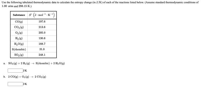 Use the following tabulated thermodynamic data to calculate the entropy change (in J/K) of each of the reactions listed below. (Assume standard thermodynamic conditions of
1.00 atm and 298.15 K.)
Substance s (J - mol 1.K)
CO(8)
197.6
co, (s)
0, (e)
213.6
205.0
H2(g)
130.6
H,O(g)
188.7
S(rhombic)
31.8
so, (K)
248.1
a. SO:(g) + 2 H2(g) →
S(rhombic) + 2 H,0(g)
J/K
b. 2 CO(g) + Oz(s) + 2 CO2(g)
J/K
