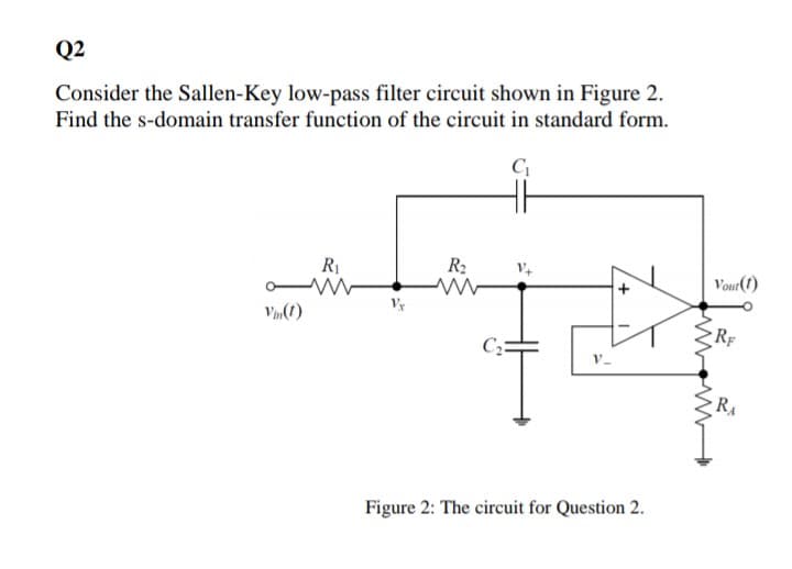 Q2
Consider the Sallen-Key low-pass filter circuit shown in Figure 2.
Find the s-domain transfer function of the circuit in standard form.
C
R1
R2
Vour(1)
RF
C;:
RA
Figure 2: The circuit for Question 2.
