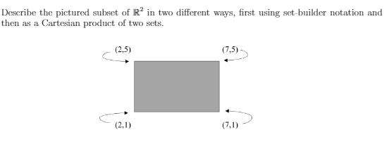 Describe the pictured subset of R? in two different ways, first using set-builder notation and
then as a Cartesian product of two sets.
(2,5)
(7,5)
(2,1)
(7,1)
