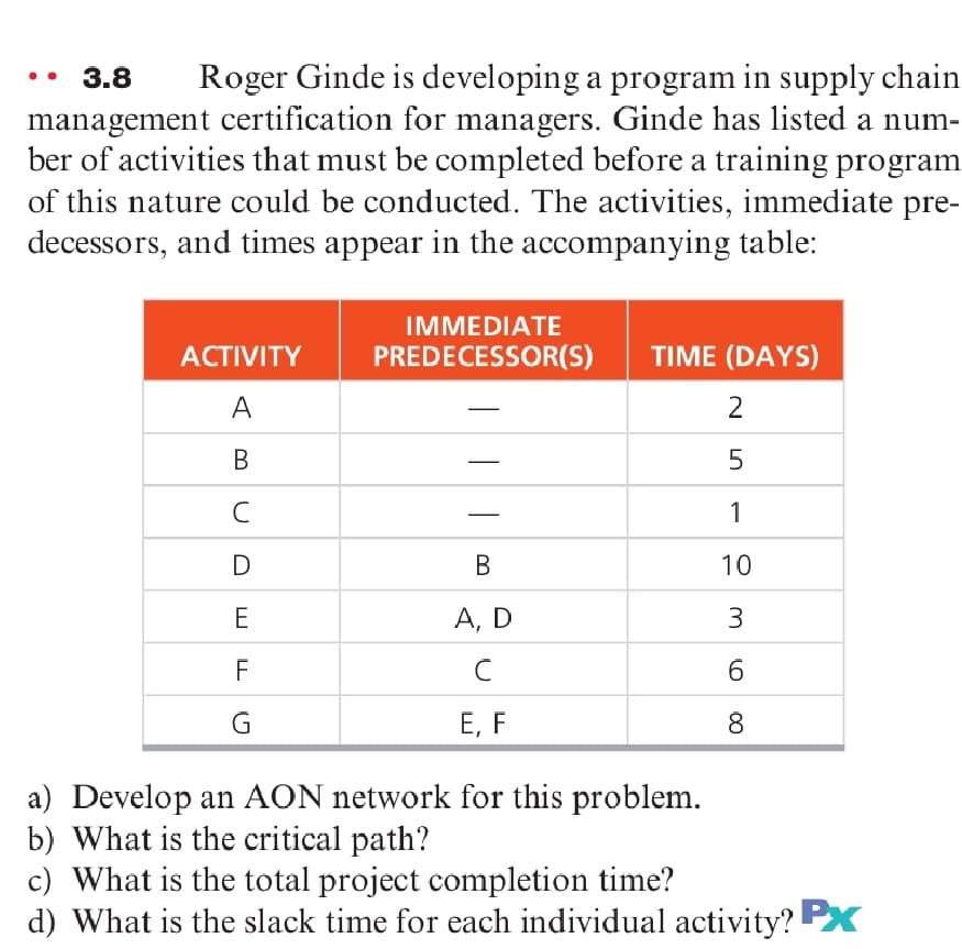 Roger Ginde is developing a program in supply chain
management certification for managers. Ginde has listed a num-
ber of activities that must be completed before a training program
of this nature could be conducted. The activities, immediate pre-
decessors, and times appear in the accompanying table:
3.8
IMMEDIATE
ACTIVITY
PREDECESSOR(S)
TIME (DAYS)
A
2
C
1
D
В
10
E
A, D
3
F
C
6.
G
E, F
8
a) Develop an AON network for this problem.
b) What is the critical path?
c) What is the total project completion time?
d) What is the slack time for each individual activity? PX
