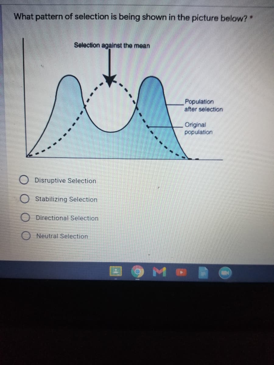 What pattern of selection is being shown in the picture below? *
Selection against the mean
Population
after selection
Original
population
O Disruptive Selection
Stabilizing Selection
O Directional Selection
Neutral Selection
M
